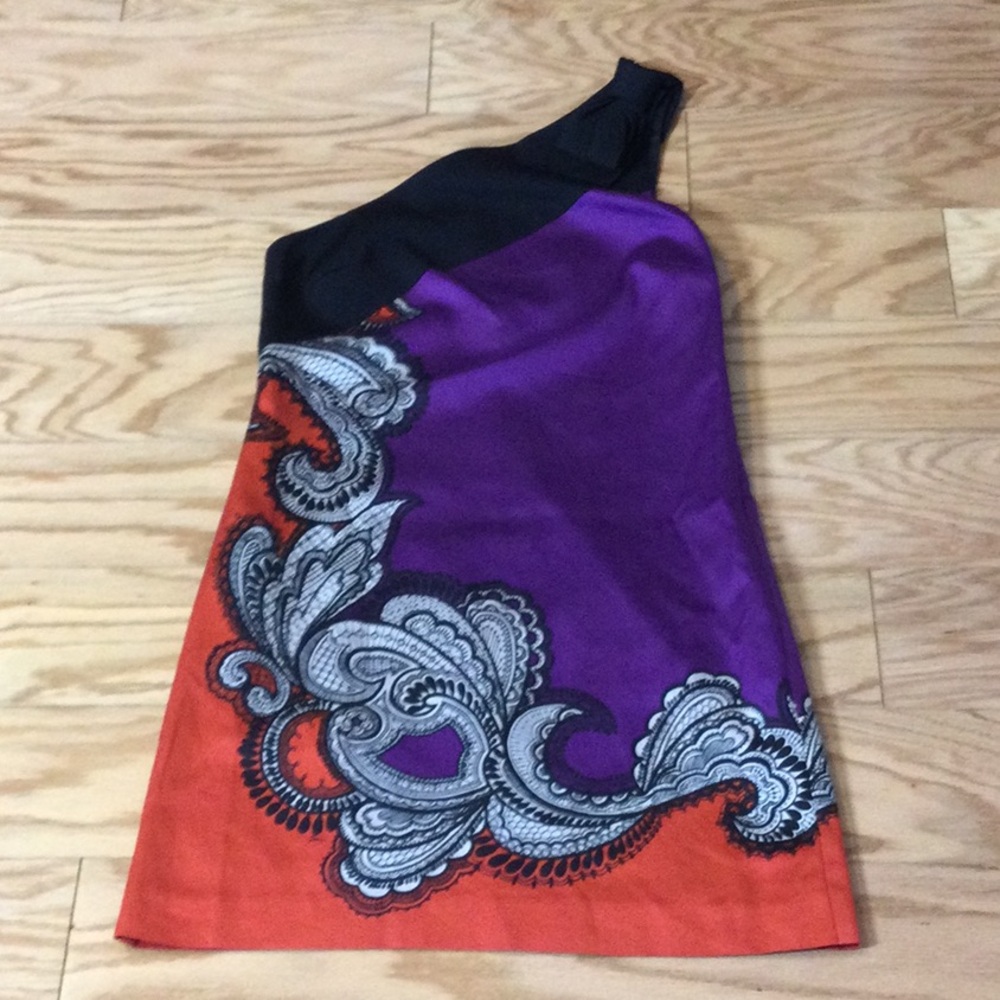 4 Trina Turk One-Shoulder Purple and Black Dress with Paisley Design
